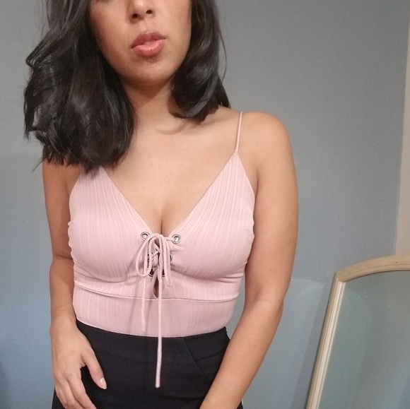 2FOR $15| LIGHT PINK LACE UP RIBBED BODYSUIT - Picture 3 of 5